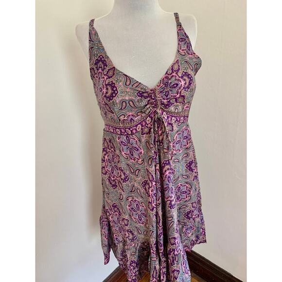 Indian VTG Silk Blend Paisley Floral Boho Sun Dress Flowing Fairy Bow Ruffle - Picture 3 of 14